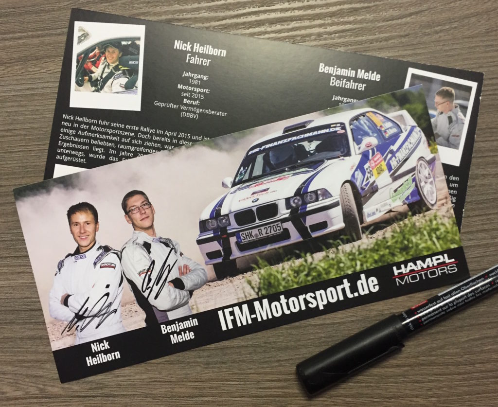 Autogrammkarte IFM-MOTORSPORT.de Ihr-Finanzfachmann Nick Heilborn Benjamin Melde BMW M3 Rallye